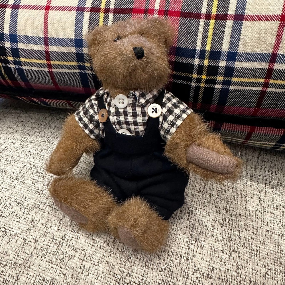 Boyds Bears 1994 Edmund Plush Bear Navy Overalls Checked Button Frnt Collectible